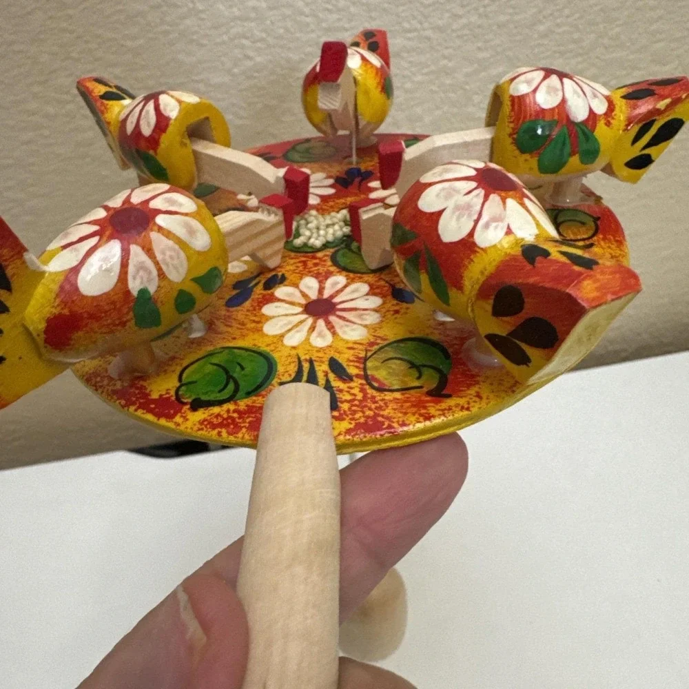 Vtg Wooden Russian Folk Art Pecking Chickens Moveable Toy Hand Carved